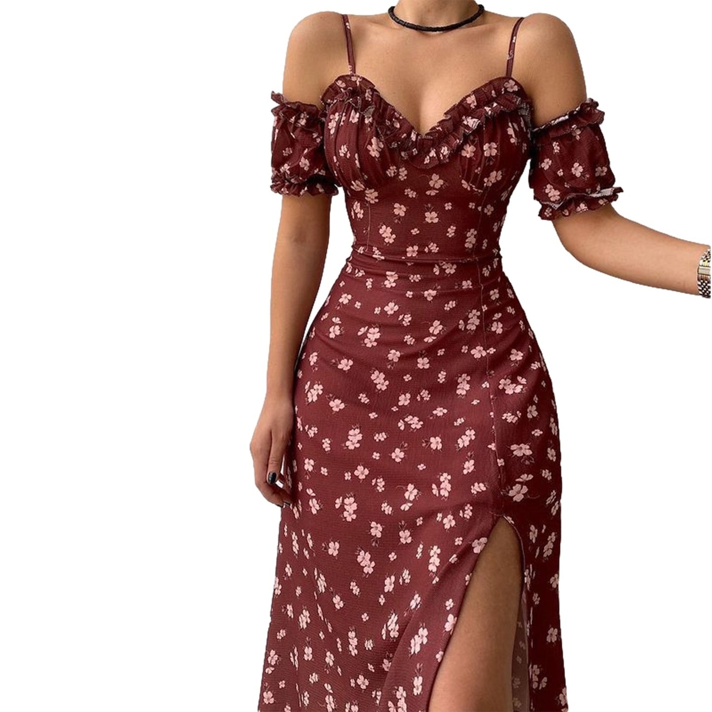 flowersverse Fashionkova Women’S Off Shoulder Frilly Suspender Dress Party Summer Ladies Short Sleeve V-Neck Split Mid-Length Dress Floarl A-Line