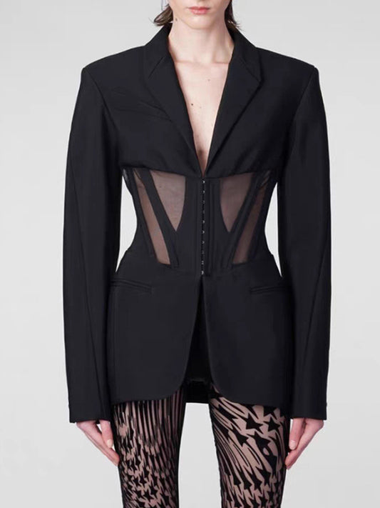 flowersverse Buckle Gauze See-Through Solid Color Split-Joint Long Sleeves Notched Collar Blazer