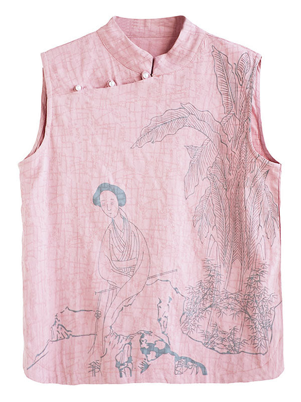 flowersverse Artistic Retro Chinese-Style Printed Buttoned Stand Collar Sleeveless Vest