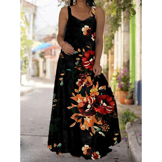 flowersverse Women's Plus Size Casual Dress Slip Dress Floral Butterfly Long Dress Maxi Dress Sleeveless Backless Print Strap Fashion Daily Black Light Green Spring Summer L XL XXL 3XL 4XL