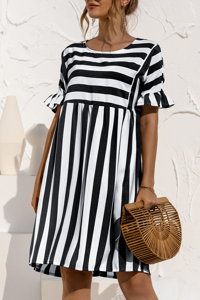 flowersverse Fashion Casual Striped Patchwork O Neck A Line Dresses
