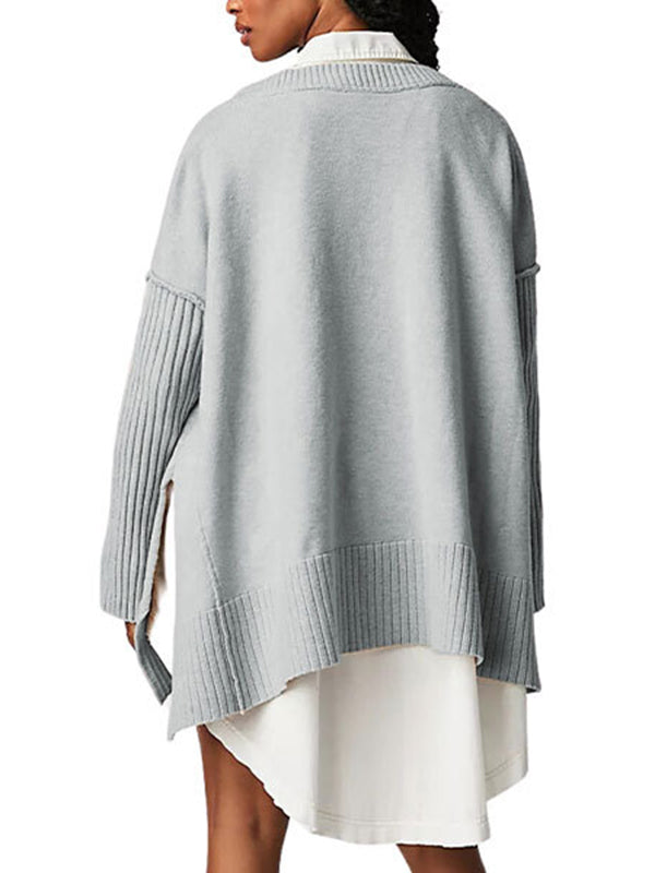 flowersverse Solid Color Split-Joint Split-Side Long Sleeves Loose V-Neck Sweater Tops Pullovers