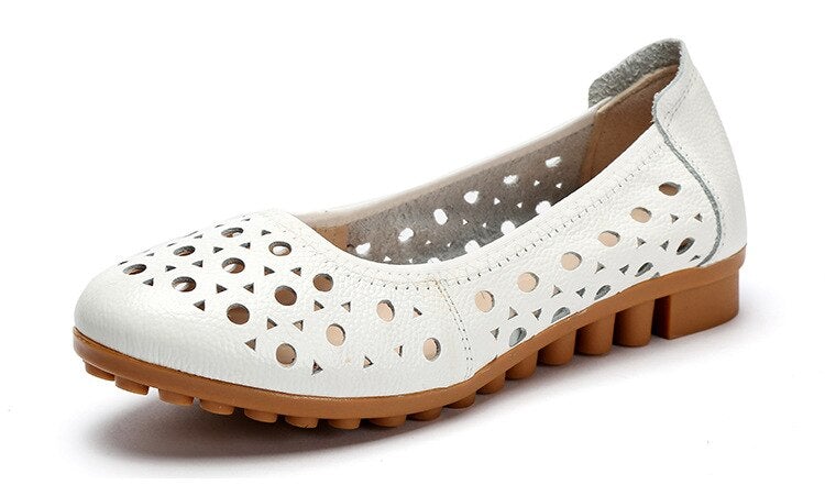 flowersverse Spring Genuine Leather Flat Summer Shoes Women Casual Hollow Breathable Soft Bottom Ladies Flats Plus Size 35-43