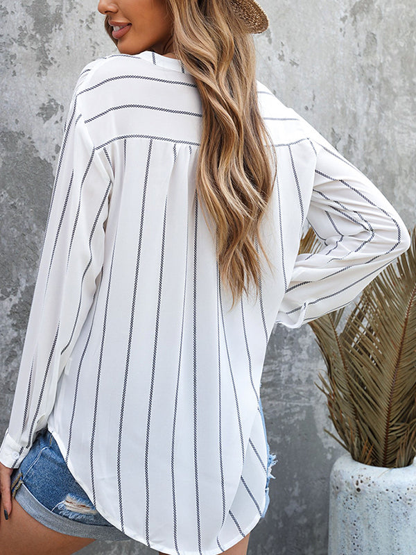 flowersverse Buttoned Pockets Striped Long Sleeves Loose V-Neck Blouses&Shirts Tops