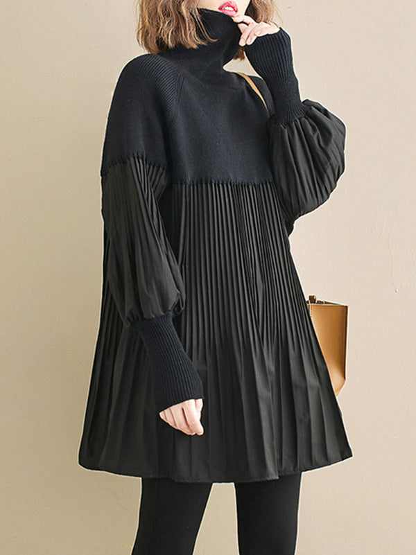 flowersverse Knitting Pleats Split-Joint High-Neck Pullover Top