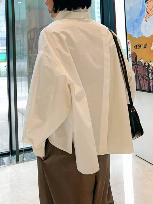 flowersverse Asymmetric Buttoned Solid Color Split-Side High-Low Long Sleeves Lapel Blouses&Shirts Tops