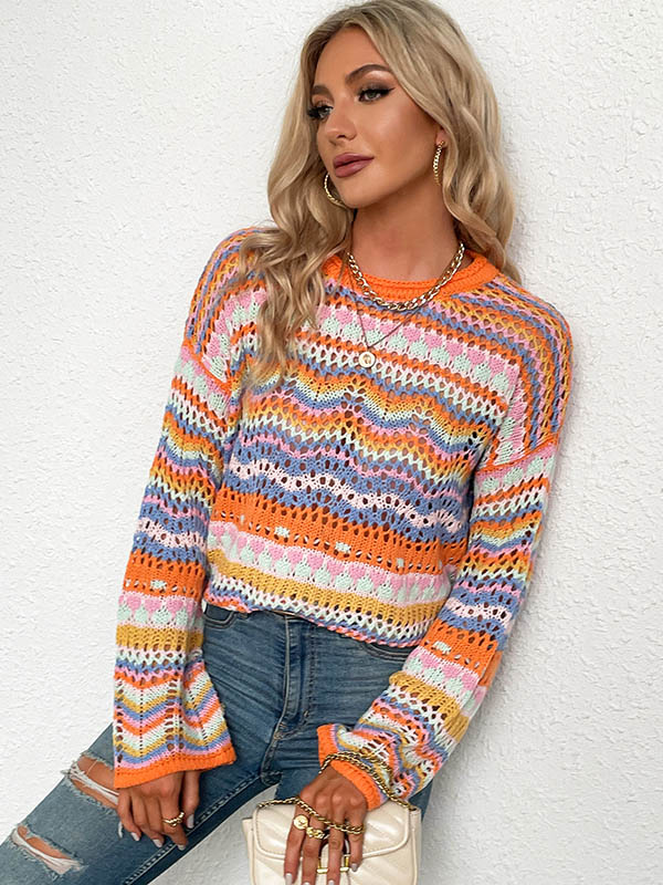 flowersverse 4 Colors Loose Contrast Color Round-Neck Sweater Top