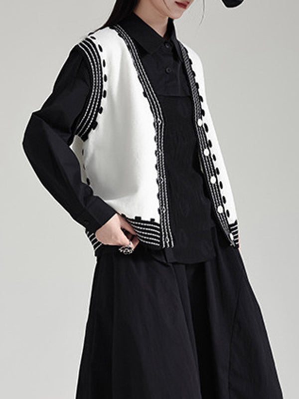 flowersverse Buttoned Contrast Color Loose Sleeveless V-Neck Vest Outerwear