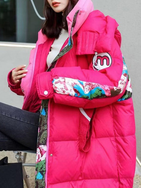 flowersverse Floral Printed Split-Joint Long Sleeves Loose High Neck Down Coat