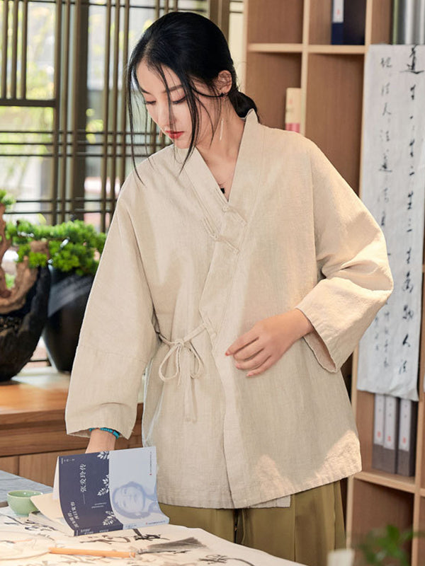 flowersverse Vintage Long Sleeves Loose Buttoned Tied Solid Color V-Neck Outerwear