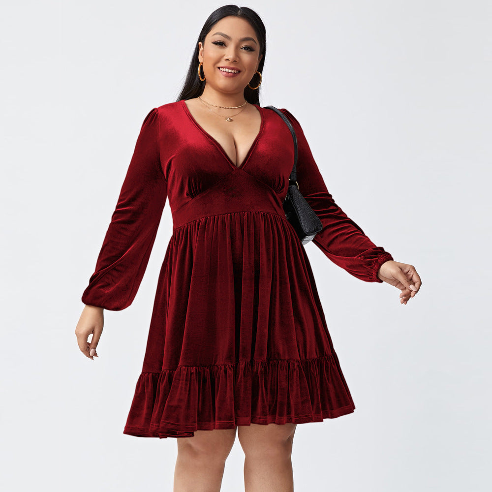 flowersverse Plus Size Short Skirt Women's V-neck Waist-controlled Slimming Long Sleeve Sexy Dress
