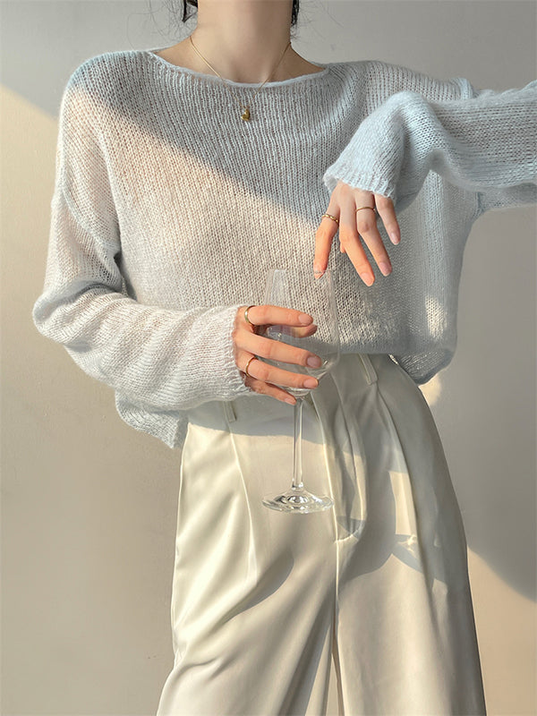 flowersverse Gentle Mohair Knitted Loose Long Sleeves Solid Color Thin Sweater Tops