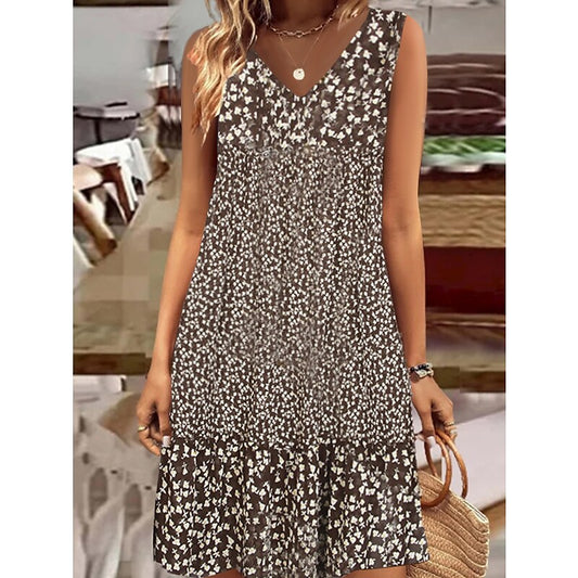 flowersverse Women's Casual Dress Shift Dress Midi Dress Brown Sleeveless Floral Print Spring Summer V Neck Basic Daily Weekend S M L XL XXL 3XL
