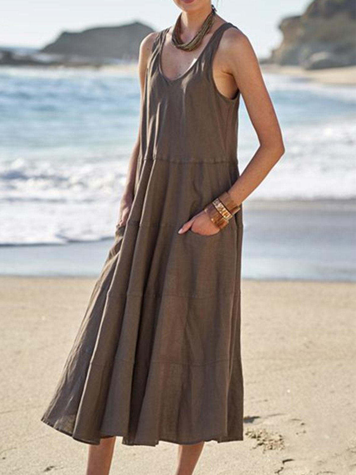 flowersverse A-Line 3/4 Sleeve Casual Cotton-Blend Weaving Dress