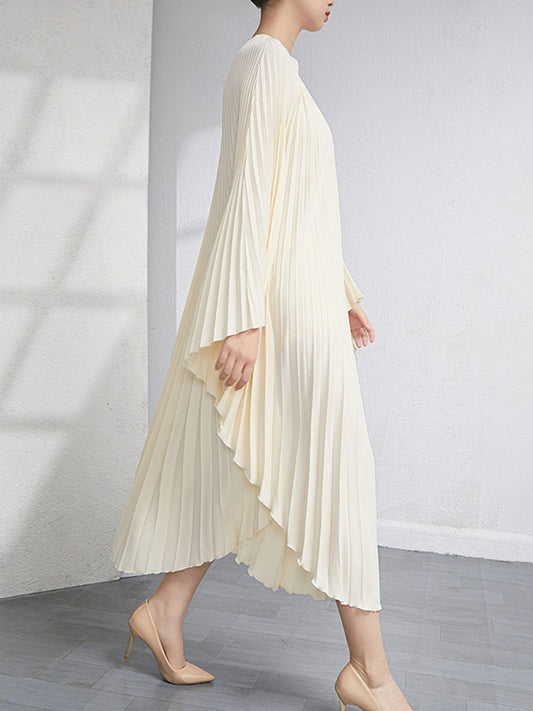 flowersverse Urban Flared Batwing Sleeves Pleated Solid Color Round-Neck Midi Dresses