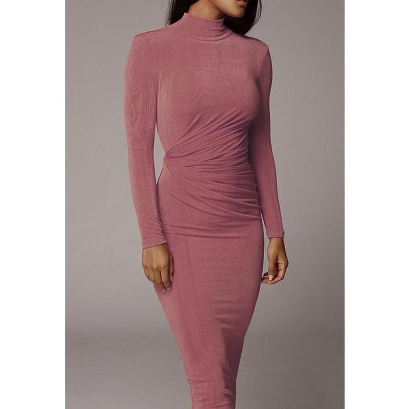 flowersverse Women Long Sleeve Solid High Neck Bodycon Dress high waist slim ankle length sheath OL work dress