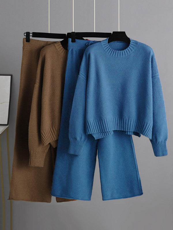 flowersverse Urban Loose Long Sleeves Solid Color Round-Neck High-Low Sweater Tops & Wide Leg Pants Suits