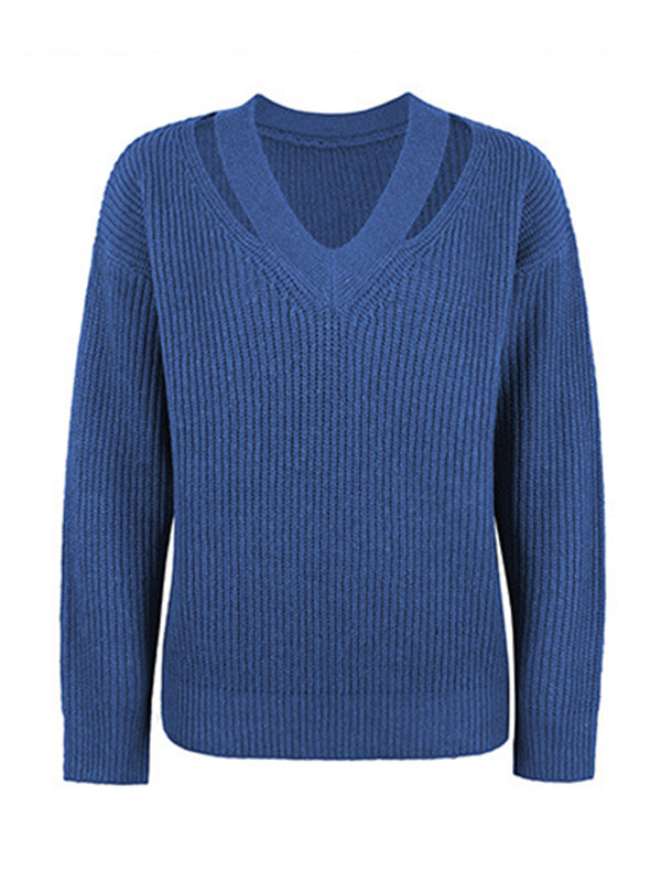 flowersverse Stylish Loose Solid Color V-Neck Sweater Tops