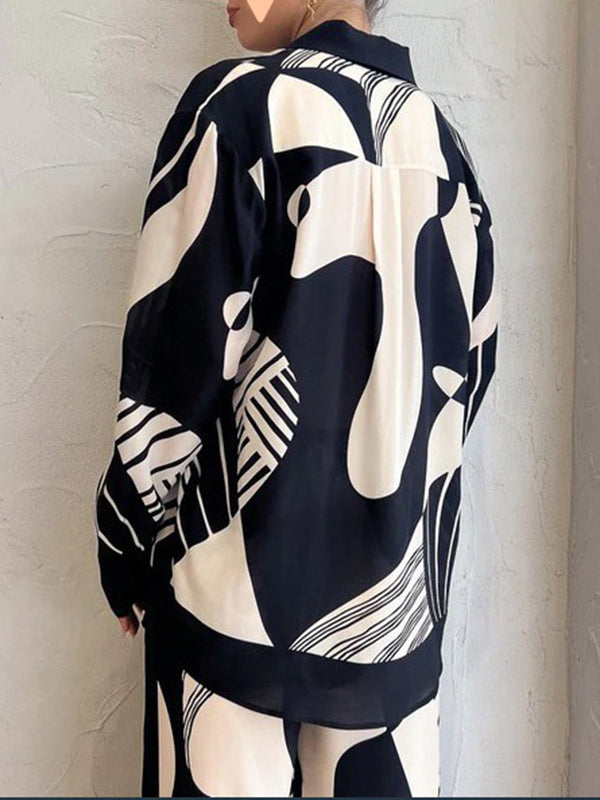 flowersverse Long Sleeves Loose Contrast Color Pockets Printed Blouses&Pants Suits