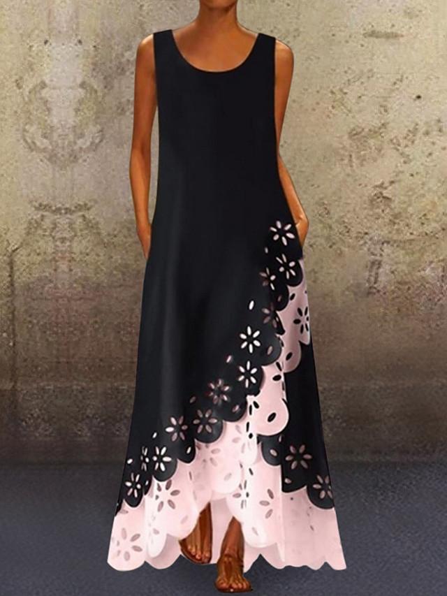 flowersverse Women's A-Line Dress Maxi Long Dress - Sleeveless Floral Hole Summer U Neck Plus Size Hot Casual Vacation Dresses White Purple Blushing Pink Gold Light Blue Black Dresses