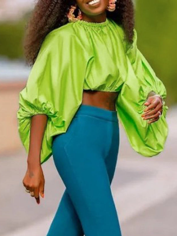 flowersverse Solid Color Loose Puff Sleeves Mock Neck Blouses&Shirts Tops