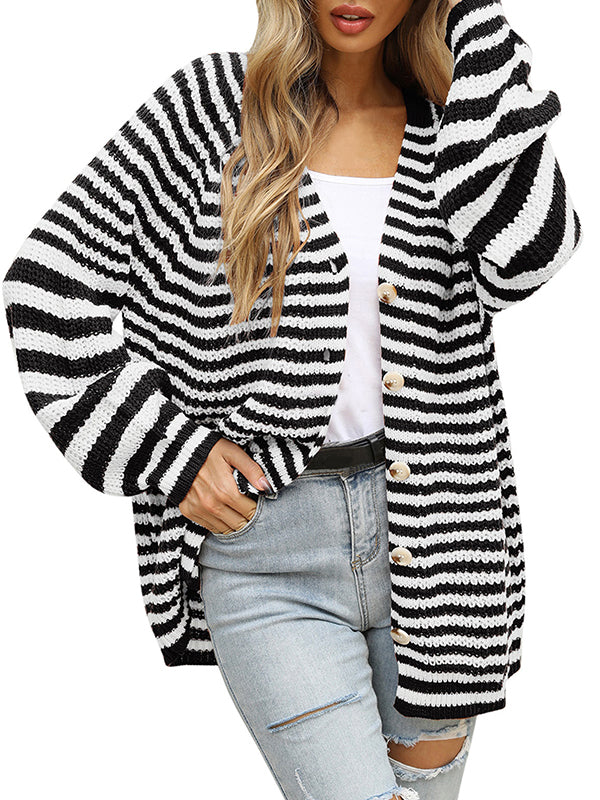 flowersverse Casual Loose Long Sleeves Striped V-Neck Cardigan Tops