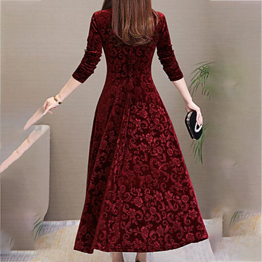 flowersverse Women's A Line Dress Knee Length Dress Green Black Red Long Sleeve Floral Jacquard Fall Spring V Neck Elegant Vintage Party Slim M L XL XXL 3XL