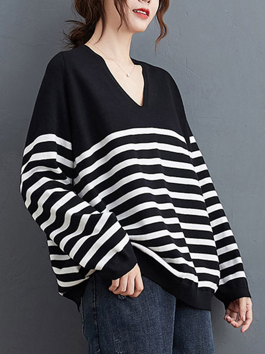flowersverse Artistic Retro Casual Loose Striped V-Neck Long Sleeves Knitted Sweater