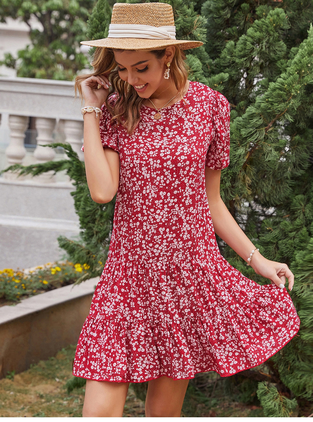 flowersverse Spring Summer Print Short Dress Women O Neck Ruffles Mini Floral Dresses For Women Casual High Waist
