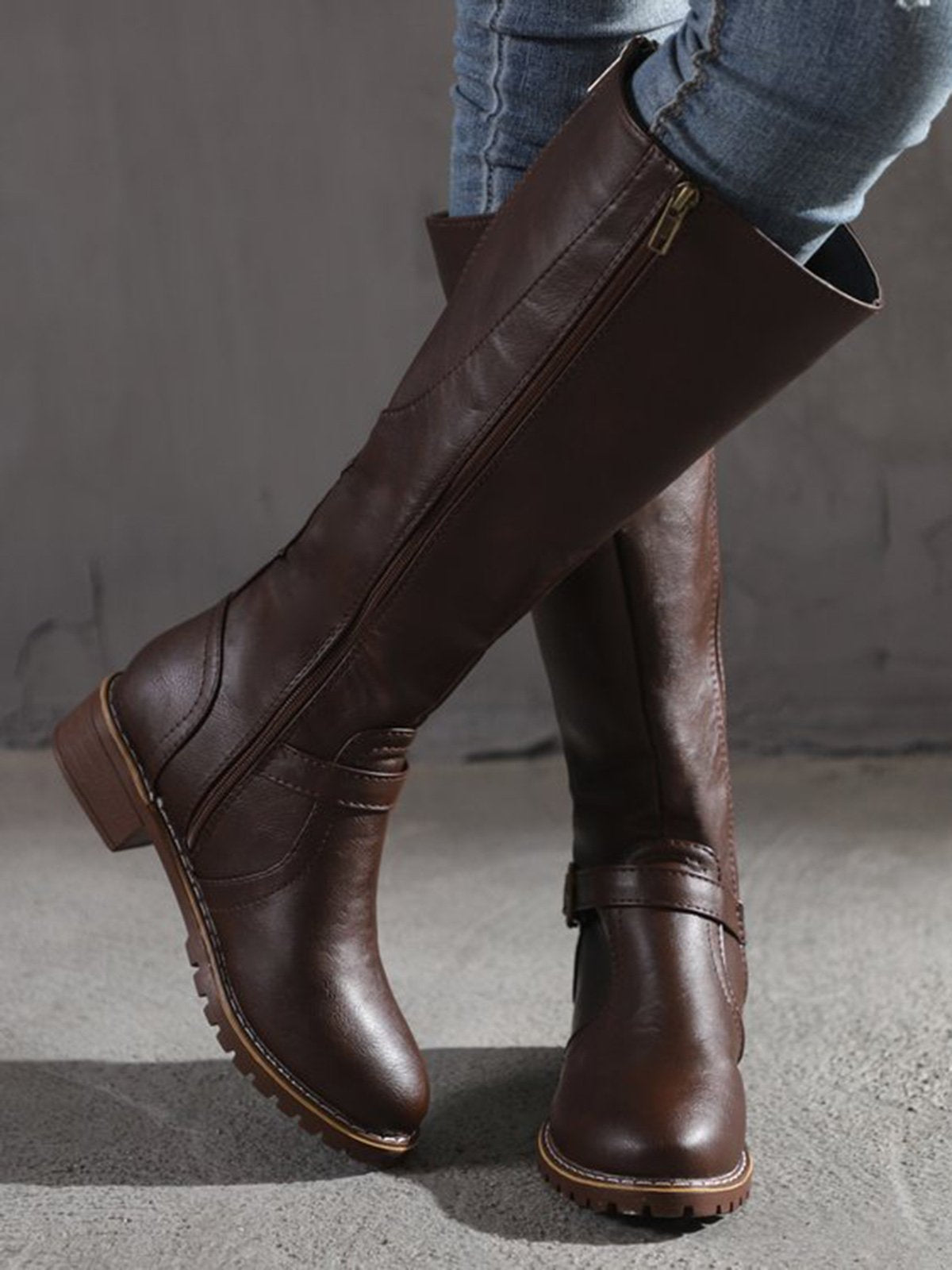 flowersverse Vintage Round Toe Buckle Tall Boots Chunky Heel Riding Boots