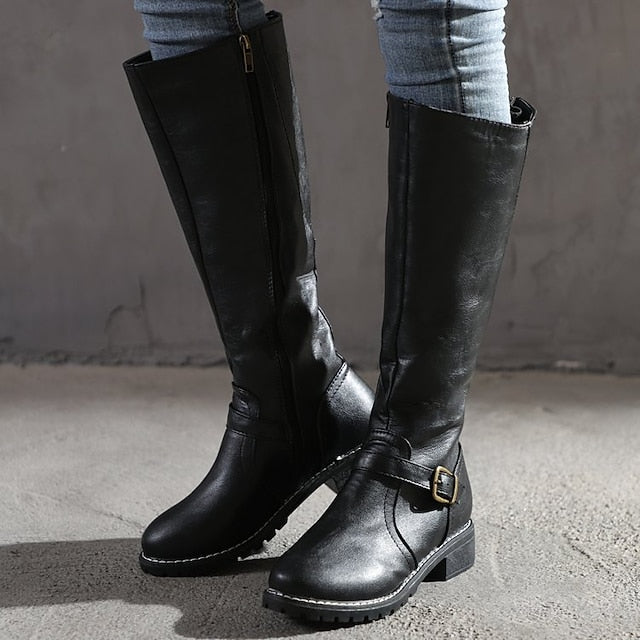 flowersverse Autumn Boots Women's Boots Riding Boots Knee High Boots Chunky Heel Round Toe PU Zipper Solid Colored Black Yellow Brown