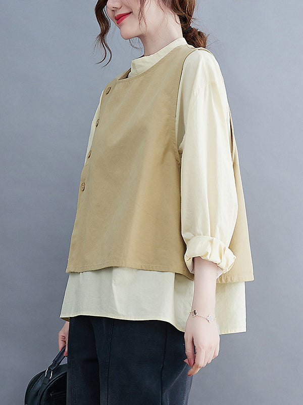 flowersverse Original Stand Collar Long Sleeves T-Shirt Top&Buttoned Vest Outwear 2 Pieces Set