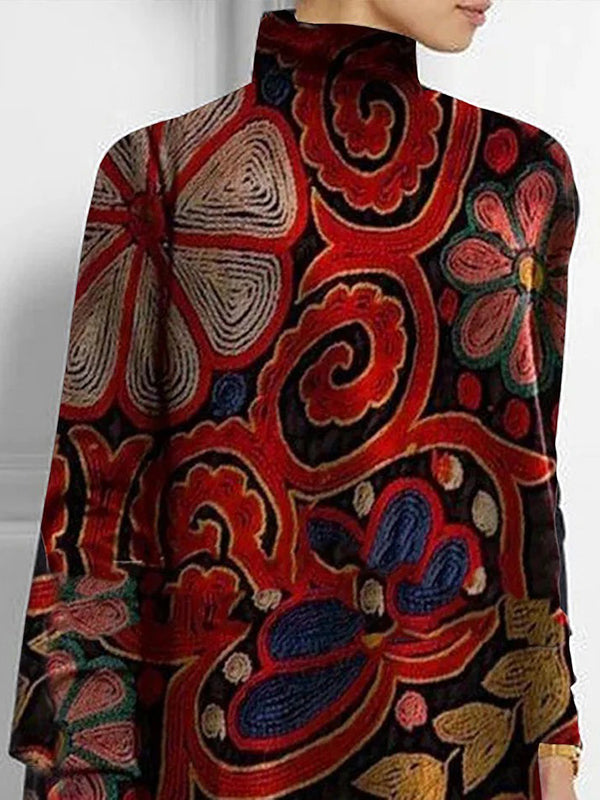 flowersverse Floral Printed Long Sleeves Loose High Neck T-Shirts