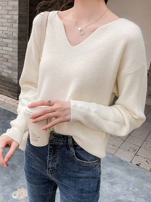 flowersverse Casual Loose Long Sleeves Solid Color V-Neck Sweater Tops