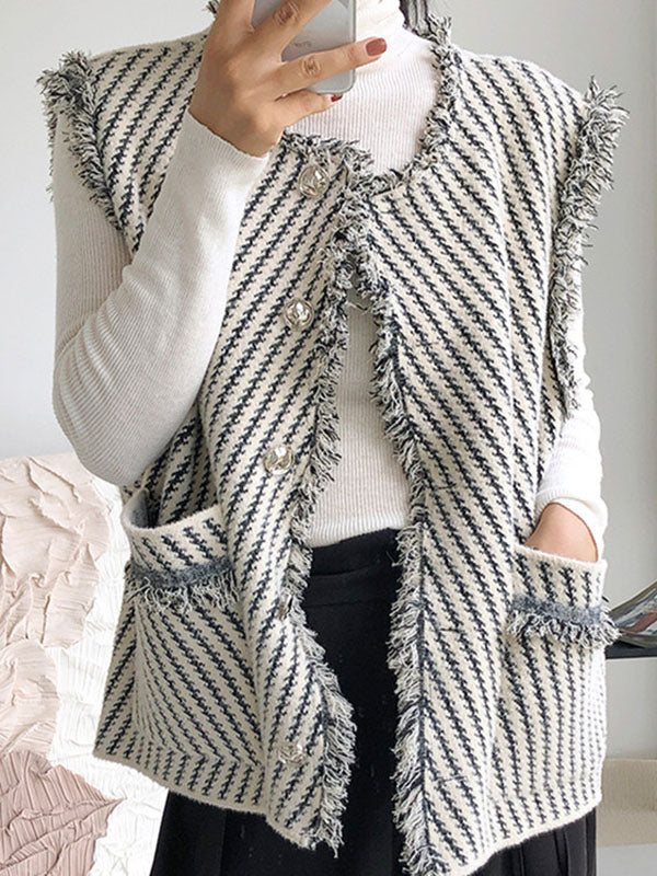 flowersverse Buttoned Fringed Pockets Striped Loose Sleeveless V-Neck Vest Outerwear