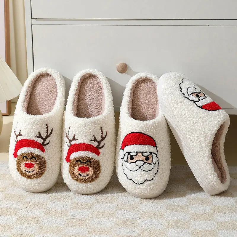 flowersverse Christmas Home Slippers Cute Cartoon Santa Claus Cotton Slippers For Women And Men Couples Winter Warm Furry Shoes