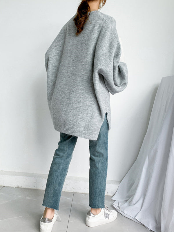 flowersverse Stretch Mohair-Blend Balloon Sleeves Loose Solid Round-Neck Sweater Tops