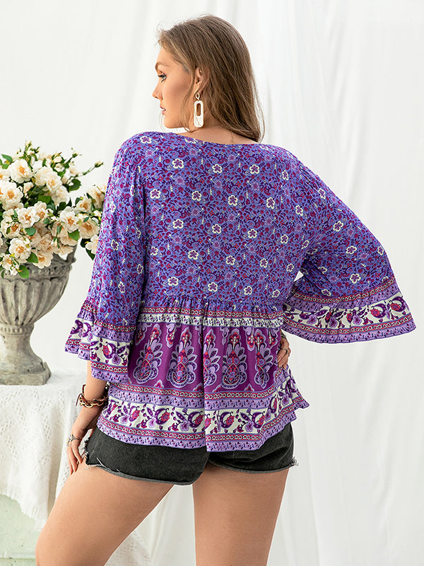 flowersverse Vacation Loose Floral Printed V-Neck T-Shirt Top