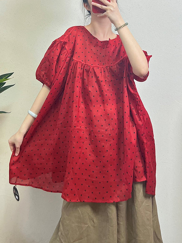 flowersverse Polka-Dot Split-Joint Half Sleeves Loose Round-neck Blouses&shirts Tops