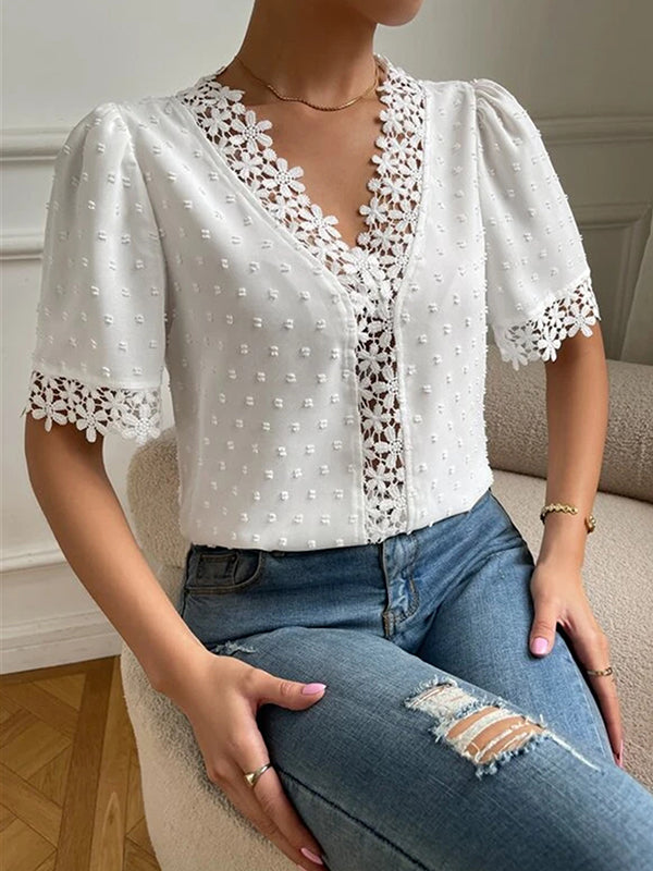 flowersverse Applique Solid Color Loose Short Sleeves V-neck Blouses&shirts Tops