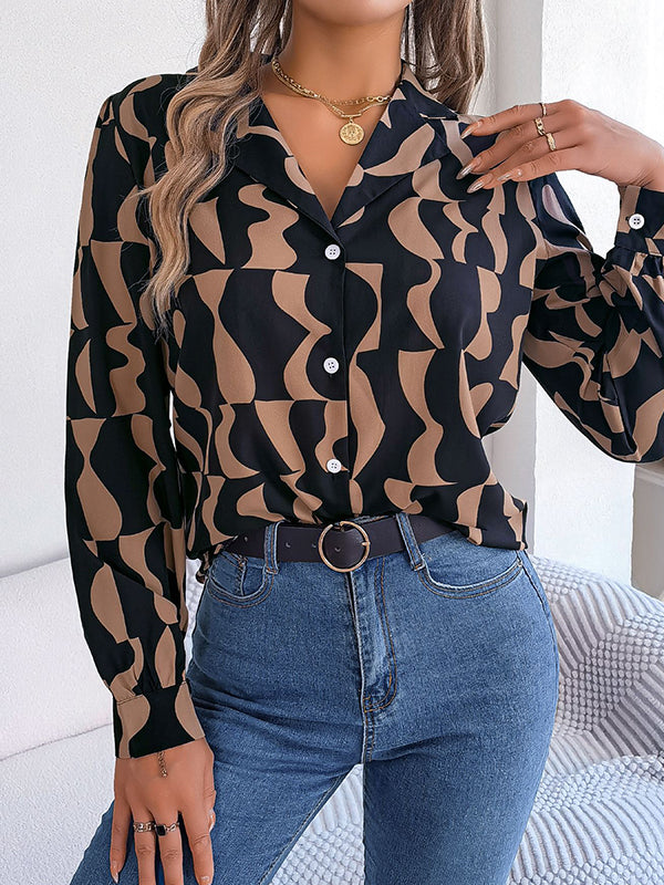 flowersverse Buttoned Contrast Color Long Sleeves Notched Collar Blouses&Shirts Tops