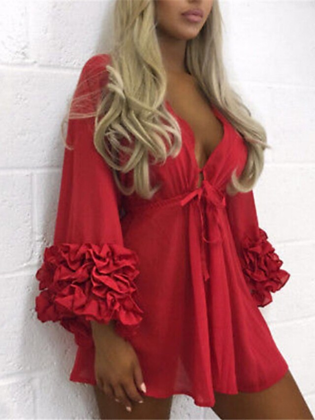 flowersverse Women's Cover Up Beach Wear Mini Dress Patchwork Hot Sexy Solid Color Deep V Long Sleeve Regular Fit Daily Beach Black White Winter Fall S M L XL