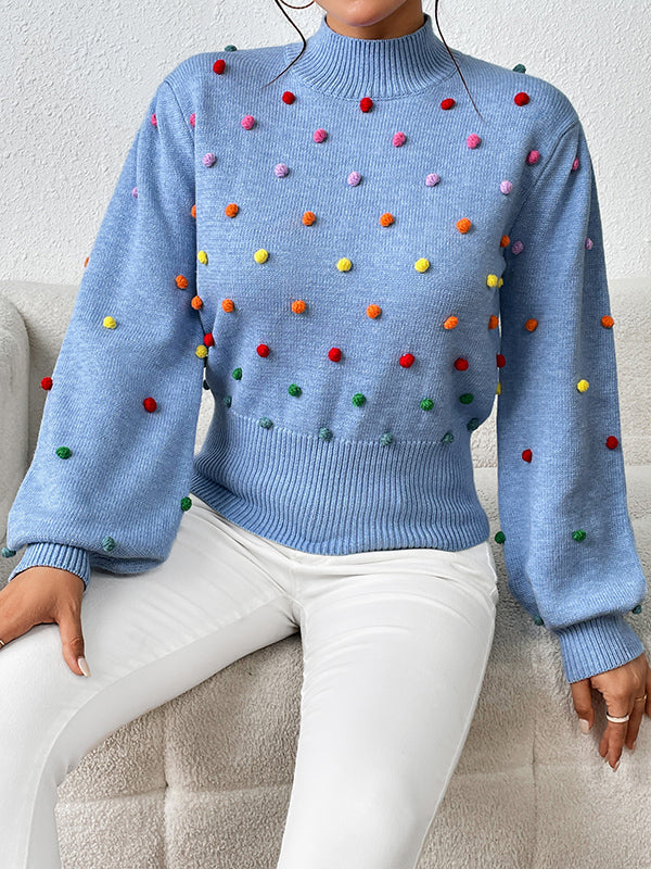 flowersverse Pompom Triming Long Sleeves Loose Round-Neck Sweater Tops Pullovers Knitwear
