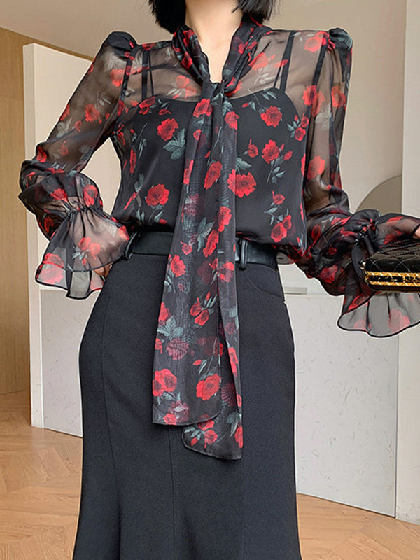flowersverse Elasticity Flower Print Mesh Tied Flared Sleeves Long Sleeves V-Neck Blouses&Shirts Tops