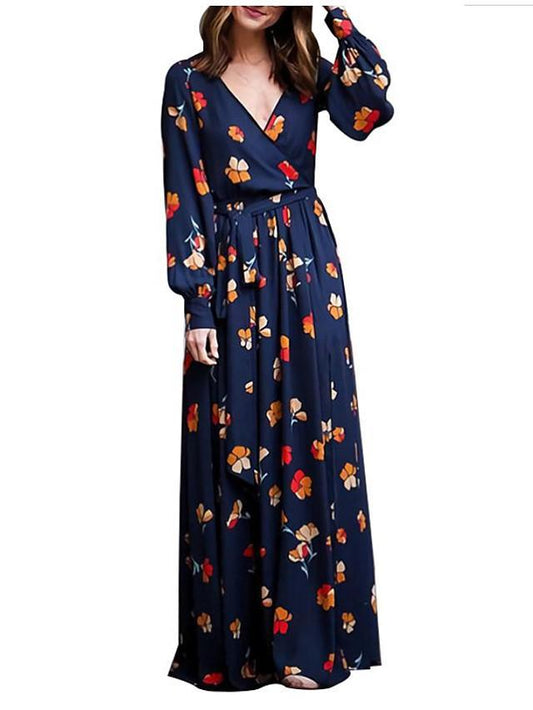 flowersverse Women's Chiffon Dress Maxi Long Dress Long Sleeve Floral Split Print Spring Casual Linen Royal Blue Black Dresses