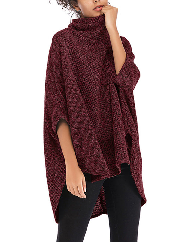 flowersverse Solid Color Batwing Sleeves High-Low High Neck Sweater Tops Pullovers Knitwear