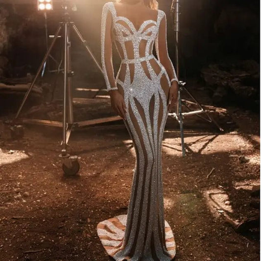 flowersverse Women's Sprinkled Gold Banquet Dress Package Hip Fishtail Evening Dress