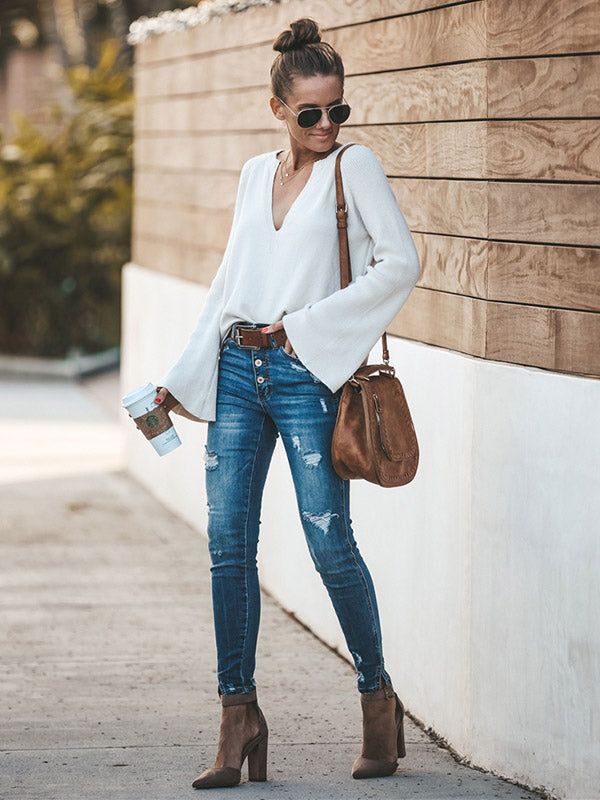 flowersverse Casual Long Sleeves Loose Solid Color V-Neck Sweater Tops