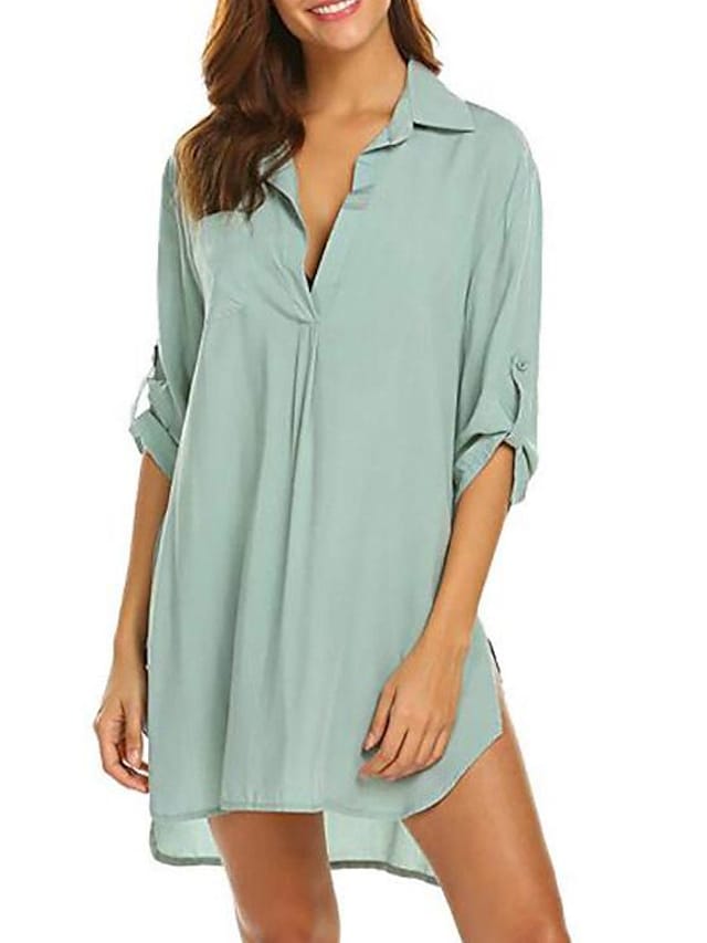 flowersverse Women's Swimwear Cover Up Beach Top Normal Swimsuit Deep V for Big Busts Solid Color Green White Blue Purple Bathing Suits Sexy Sexy / Plus Size / Plus Size