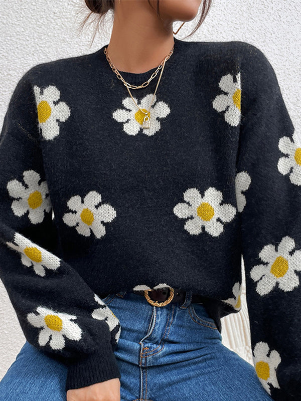 flowersverse Contrast Color Floral Printed Split-Joint Long Sleeves Loose Round-Neck Sweater Tops